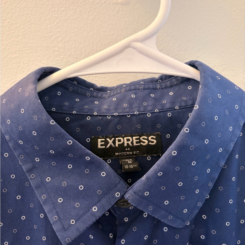 Express Modern Fit Blue Button-Down Shirt with White Dot Pattern